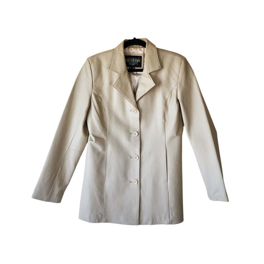 Vintage 90s Cream Leather Jacket Women Size Medium